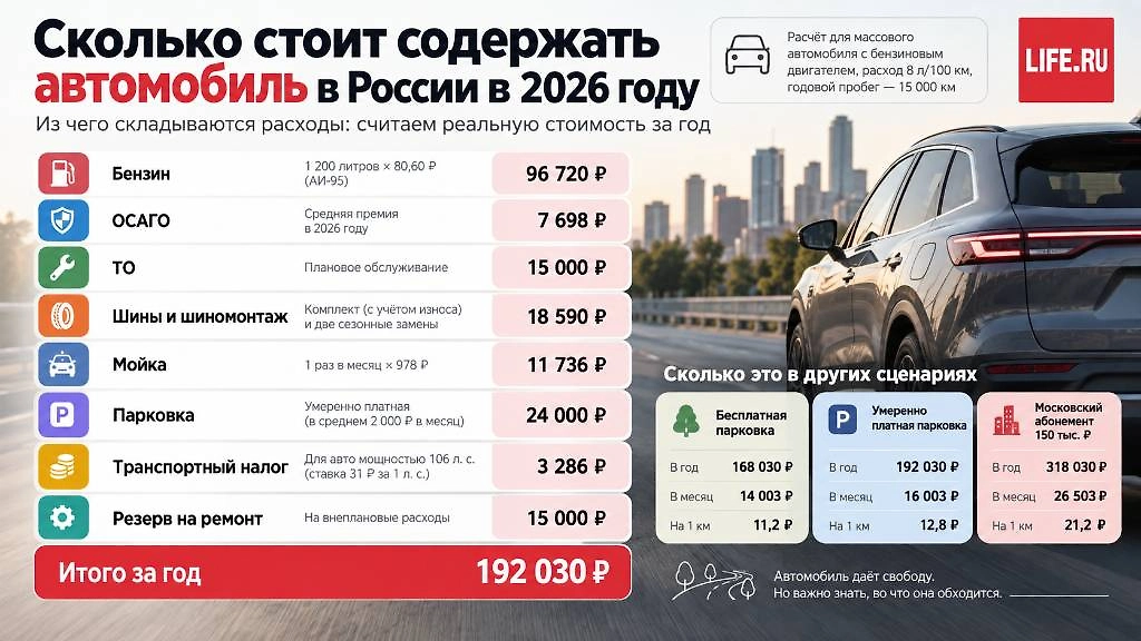 Сколько стоит содержать автомобиль в России в 2026 году: основные расходы владельца машины. Инфографика © Life.ru