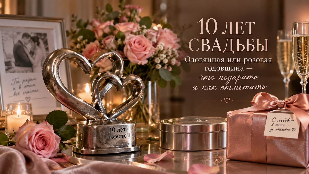 10 лет свадьбы называют оловянной или розовой годовщиной: супругам принято дарить символичные подарки из олова, розы и вещи, напоминающие о первом десятилетии семейной жизни. ИИ-иллюстрация: создано редакцией Life.ru с использованием ChatGPT (OpenAI)