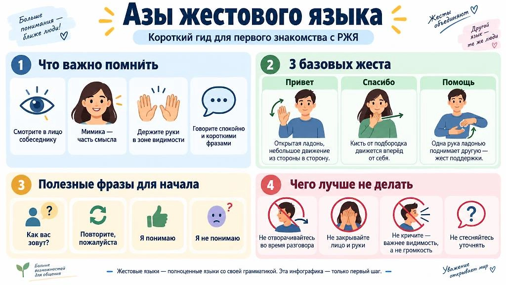 Азы русского жестового языка: что важно помнить при общении и какие жесты пригодятся для первого знакомства. Инфографика © Life.ru