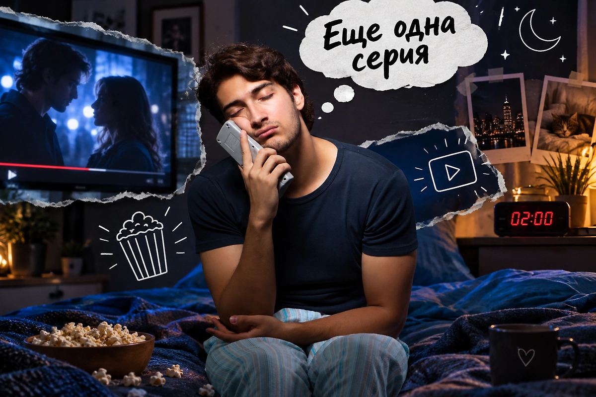 Почему вредно спать с включённым телевизором: как вечерний сериал влияет на качество ночного отдыха? Коллаж © Life.ru. Обложка © Shutterstock / FOTODOM / Elnur, © ИИ-иллюстрация: создано редакцией Life.ru с использованием ChatGPT (OpenAI)