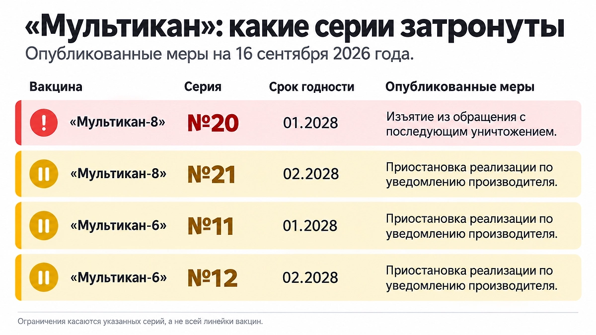Какие серии вакцин «Мультикан-8» и «Мультикан-6» затронули отзыв и приостановка реализации. Инфографика © Life.ru