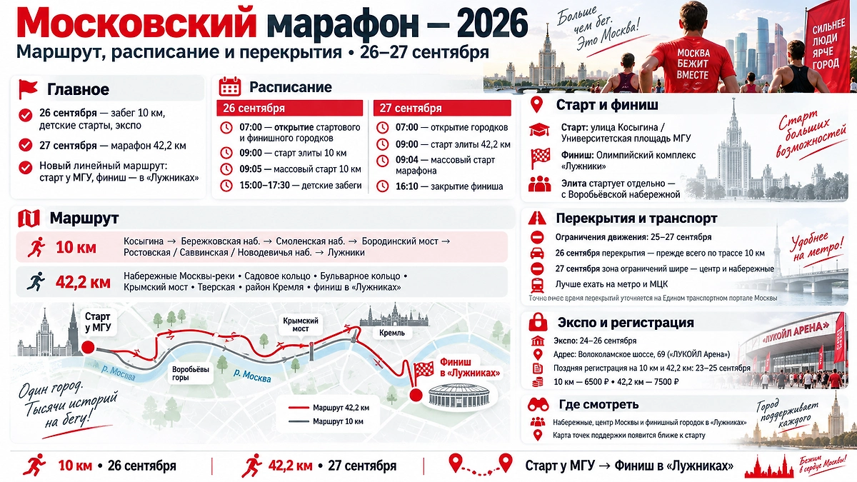 Московский марафон 2026: маршруты 10 и 42,2 км, расписание, старт, финиш и перекрытия. Инфографика © Life.ru