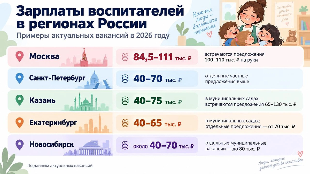 Сколько предлагают воспитателям в Москве, Петербурге и других крупных городах России в 2026 году. Инфографика © Life.ru