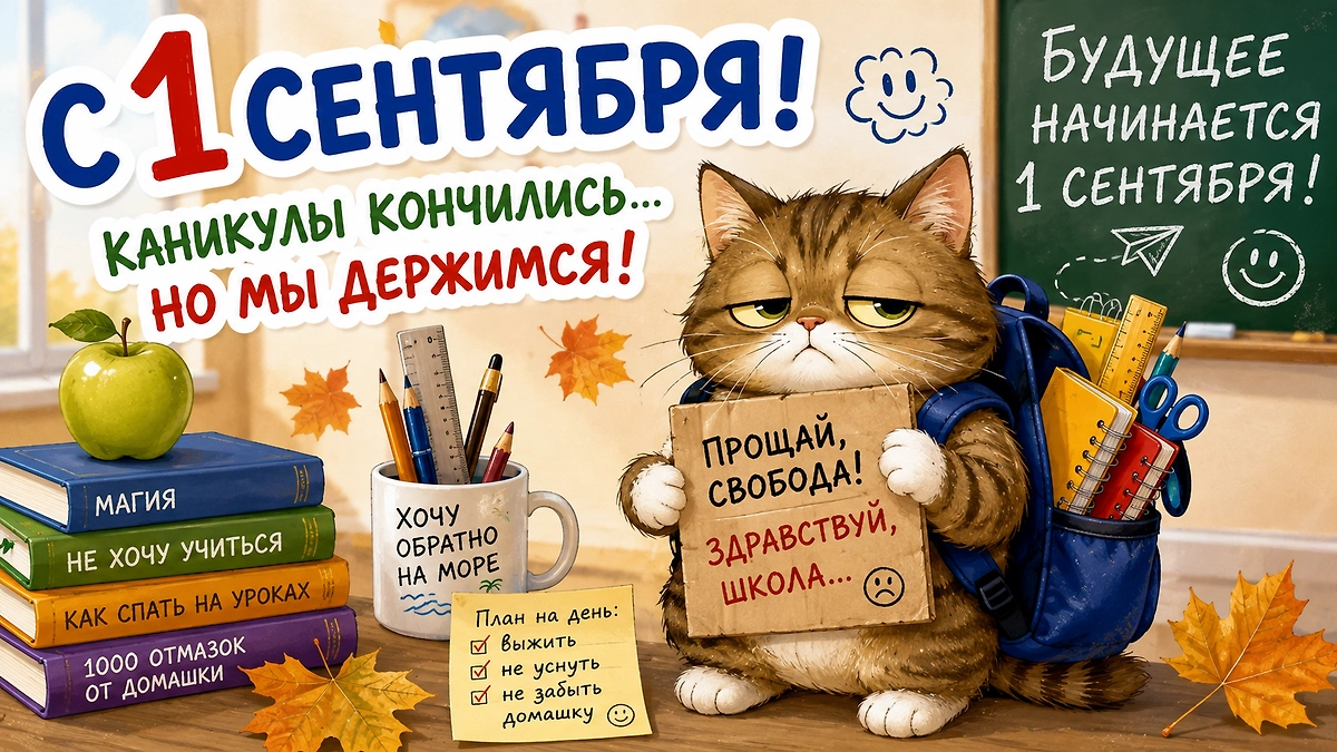 Смешная открытка про окончание каникул с недовольным котом, которому снова пора в школу. 