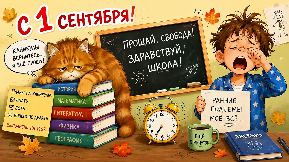 Прикольная открытка про конец школьных каникул, ранние подъёмы и желание поспать ещё пять минут. 