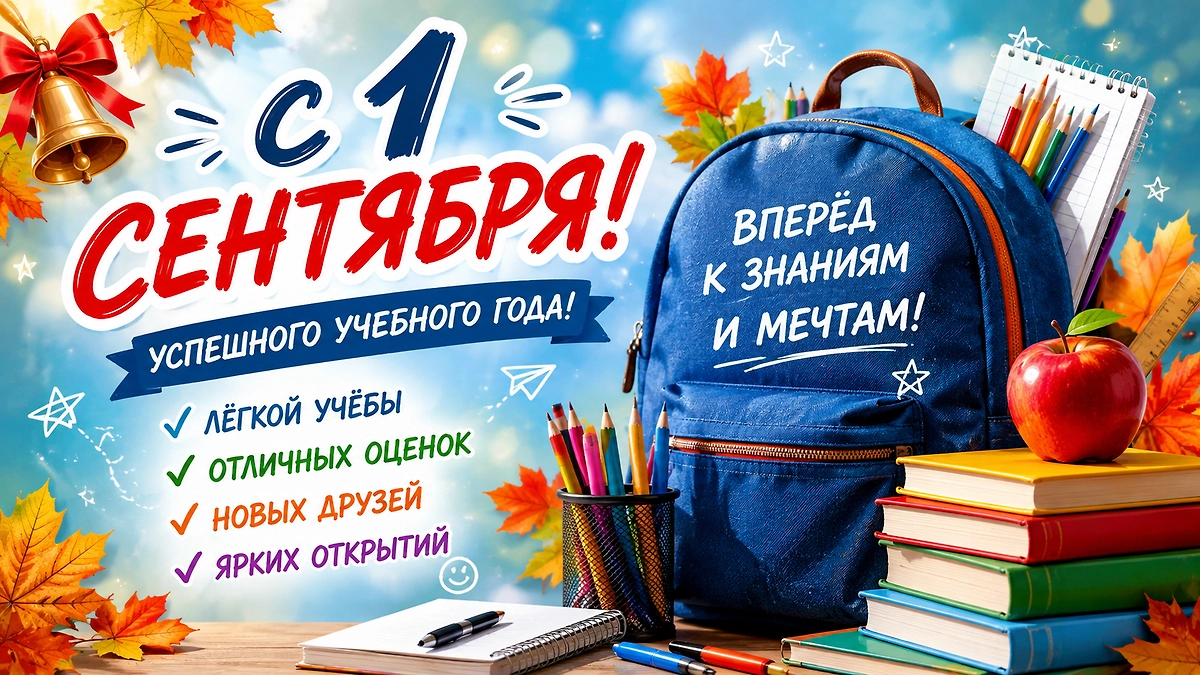 Открытка с началом учебного года с рюкзаком и пожеланиями отличных оценок и ярких открытий.