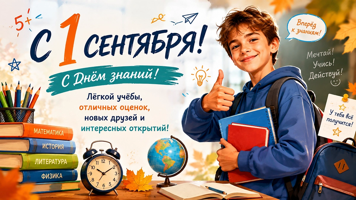 Открытка подростку с Днём знаний с пожеланиями лёгкой учёбы и новых достижений. 