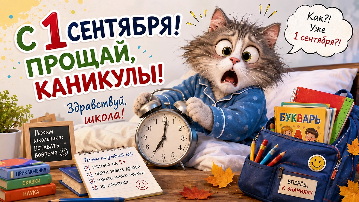 Смешная открытка с котом, который не готов поверить, что уже наступило 1 сентября.