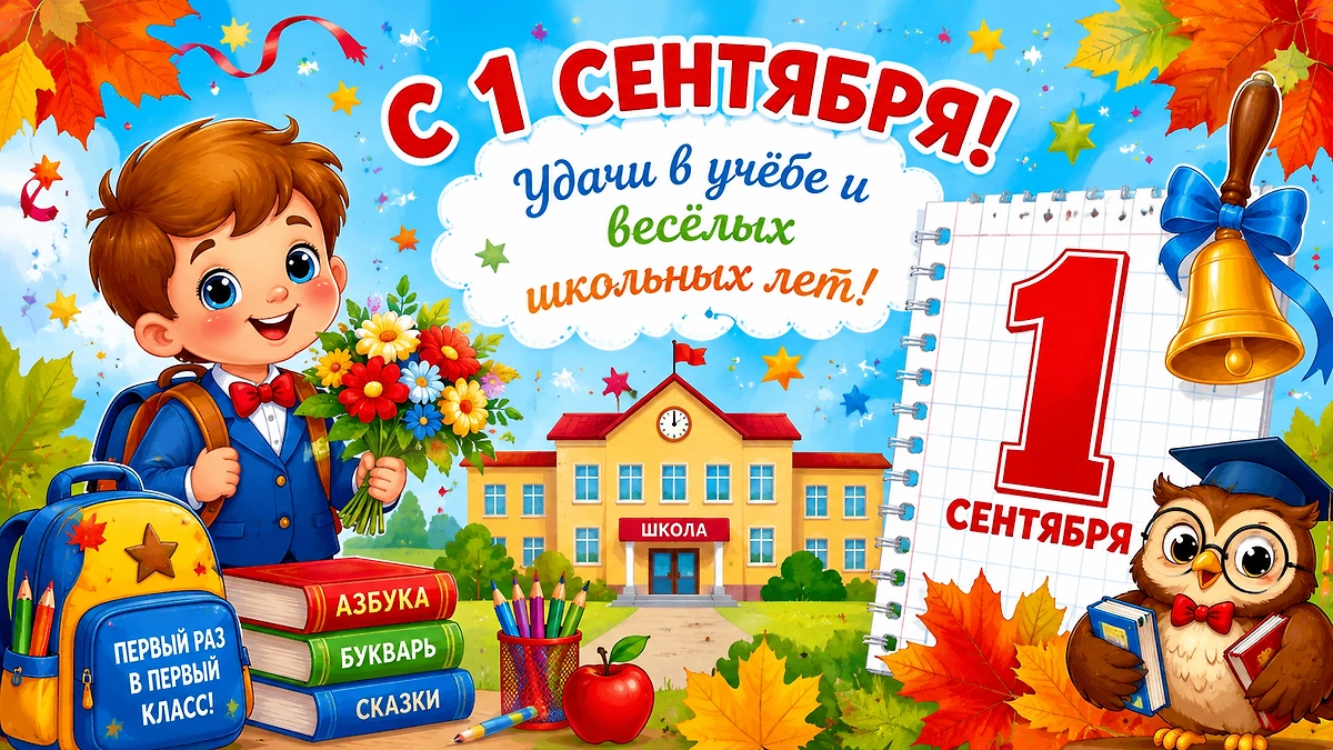 Яркая открытка первокласснику с 1 сентября с пожеланием удачи в учёбе и весёлых школьных лет.