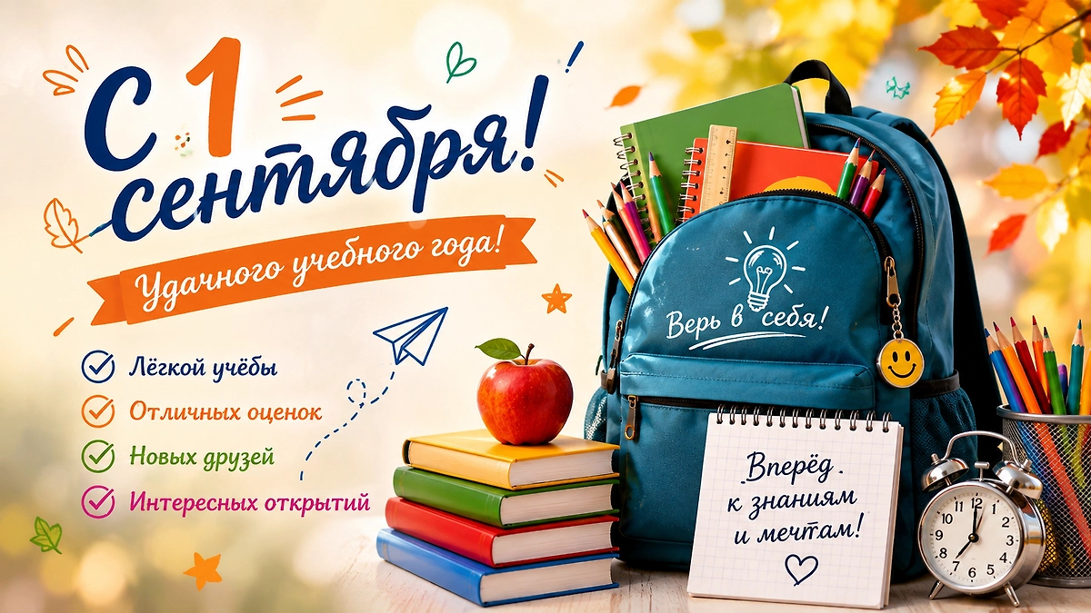 Открытка с началом учебного года с рюкзаком, книгами и пожеланием верить в себя.