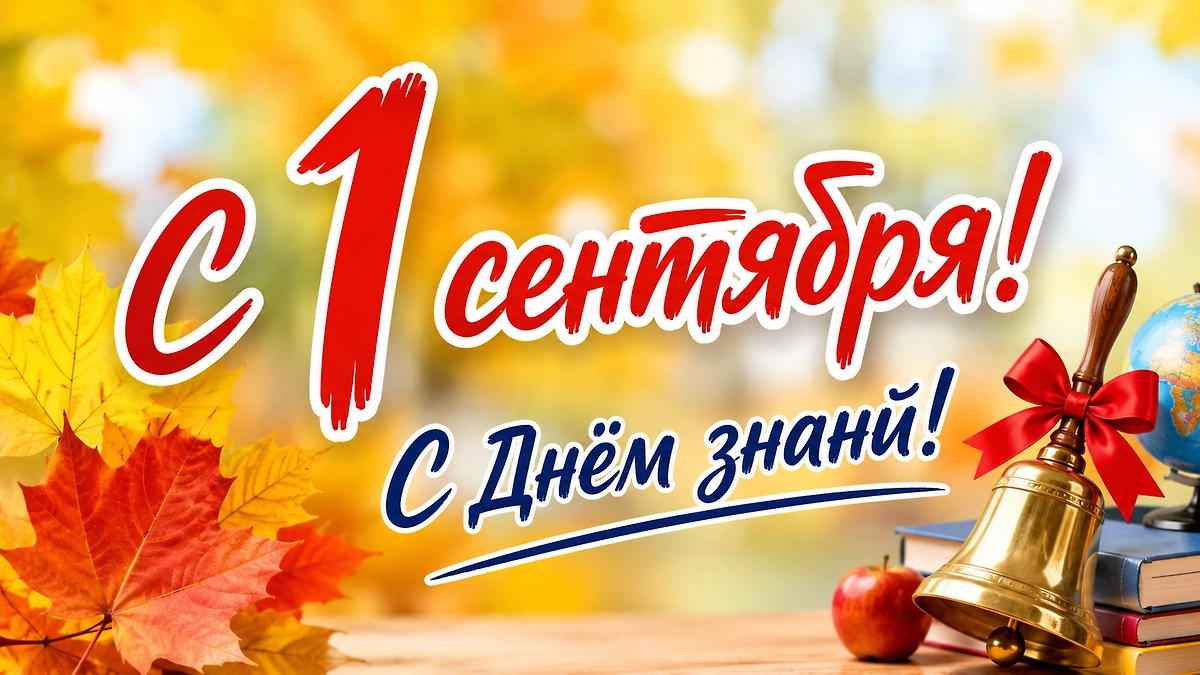 Открытка с 1 сентября и Днём знаний с осенними листьями, яблоком, книгами и звонком.
