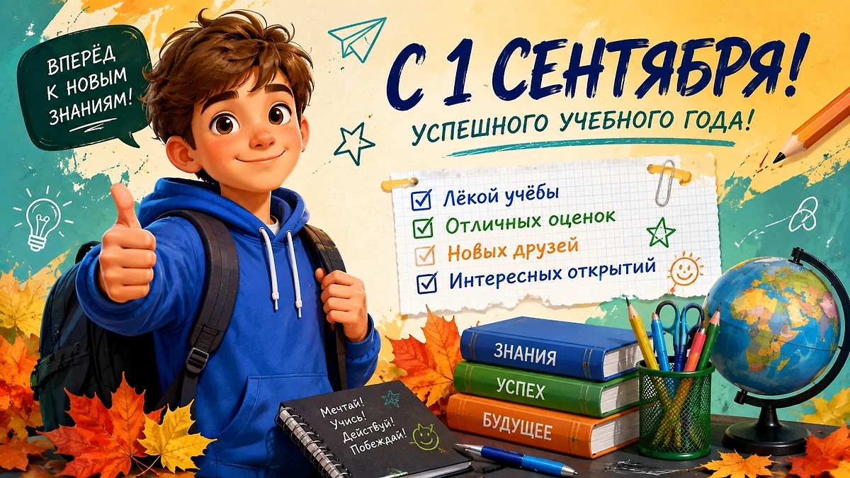 Открытка школьнику с 1 сентября с пожеланиями лёгкой учёбы, отличных оценок и новых друзей.