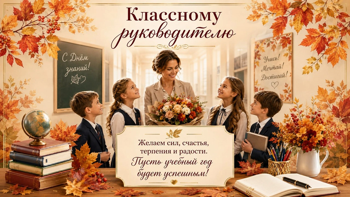 Открытка классному руководителю с пожеланиями сил, счастья и успешного учебного года.
