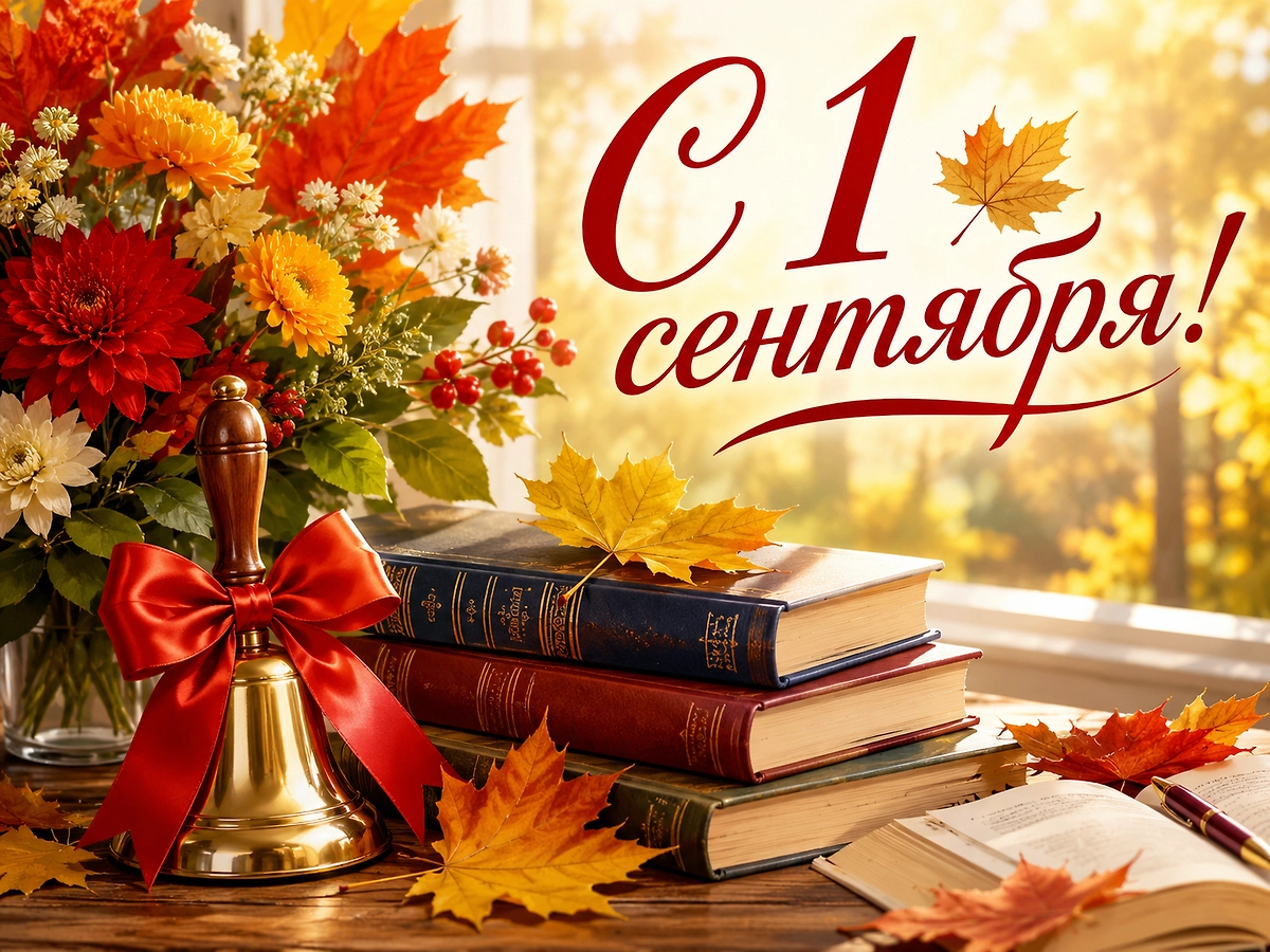 Красивая открытка с 1 сентября с осенними цветами, школьным звонком и книгами. 