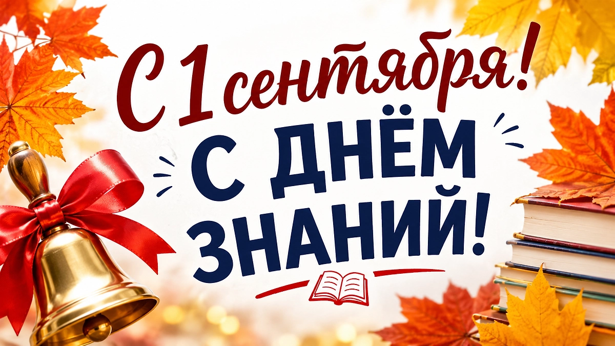 Открытка для мессенджера «С 1 сентября! С Днём знаний!» с книгами и золотым школьным звонком.