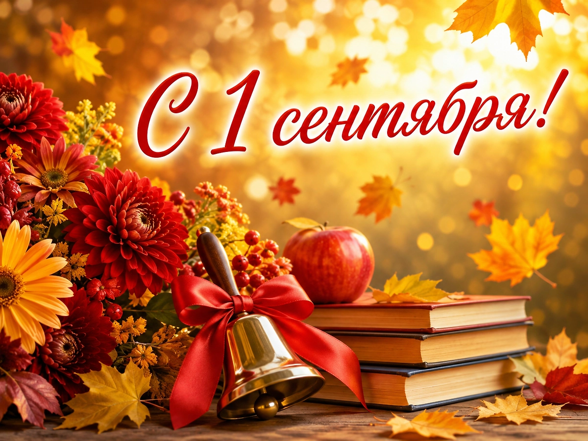 Яркая открытка с 1 сентября с букетом цветов, яблоком и школьными книгами. 