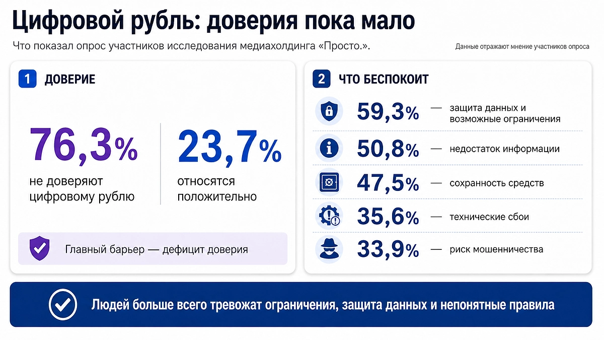 Что мешает доверию к цифровому рублю. Участников опроса больше всего беспокоят возможные ограничения, защита данных, недостаток информации и сохранность средств. Инфографика © Life.ru
