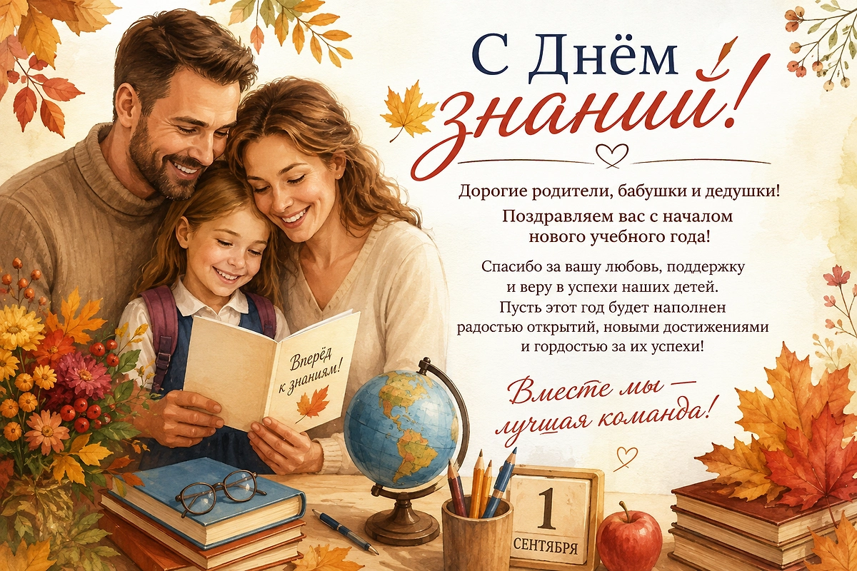 Семейная открытка с Днём знаний с родителями и школьницей в первый день нового учебного года.