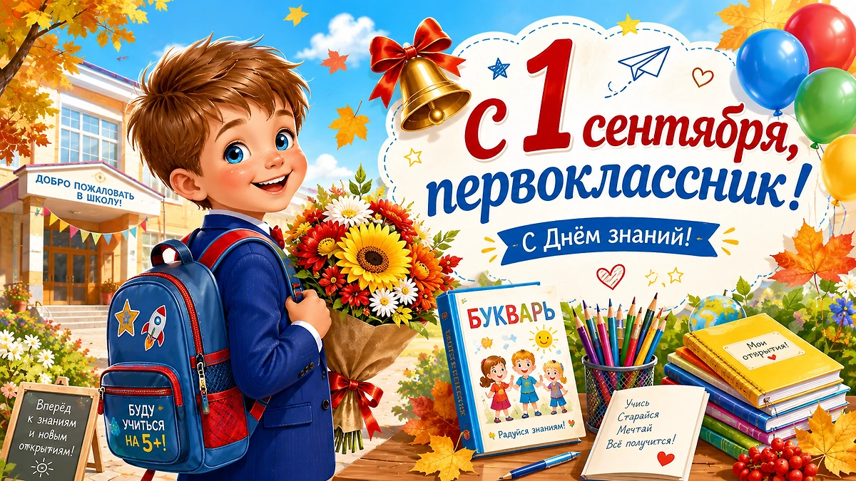 Открытка первокласснику с Днём знаний с букетом, школьным ранцем и букварём.