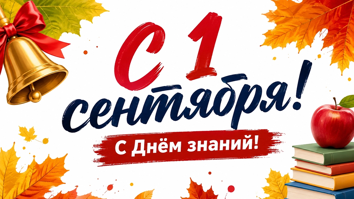 Лаконичная открытка с 1 сентября и Днём знаний в осеннем школьном оформлении.