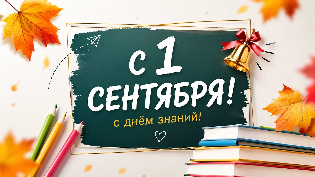Открытка с 1 сентября в стиле школьной доски с книгами, карандашами и праздничным звонком.