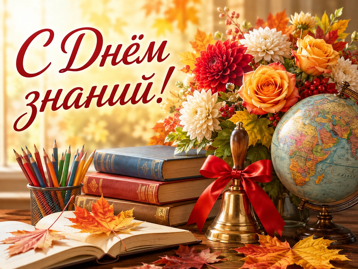 Тёплая открытка ко Дню знаний с цветами, глобусом, книгами и карандашами.