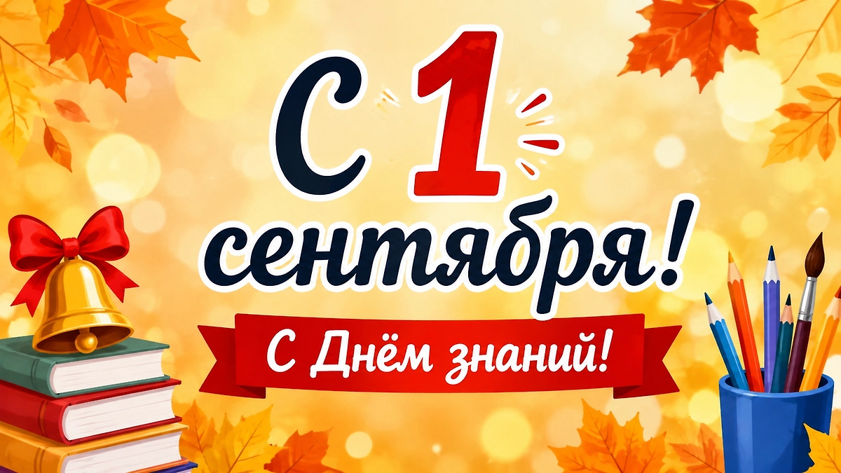 Короткая праздничная открытка с 1 сентября с книгами, карандашами и школьным звонком.