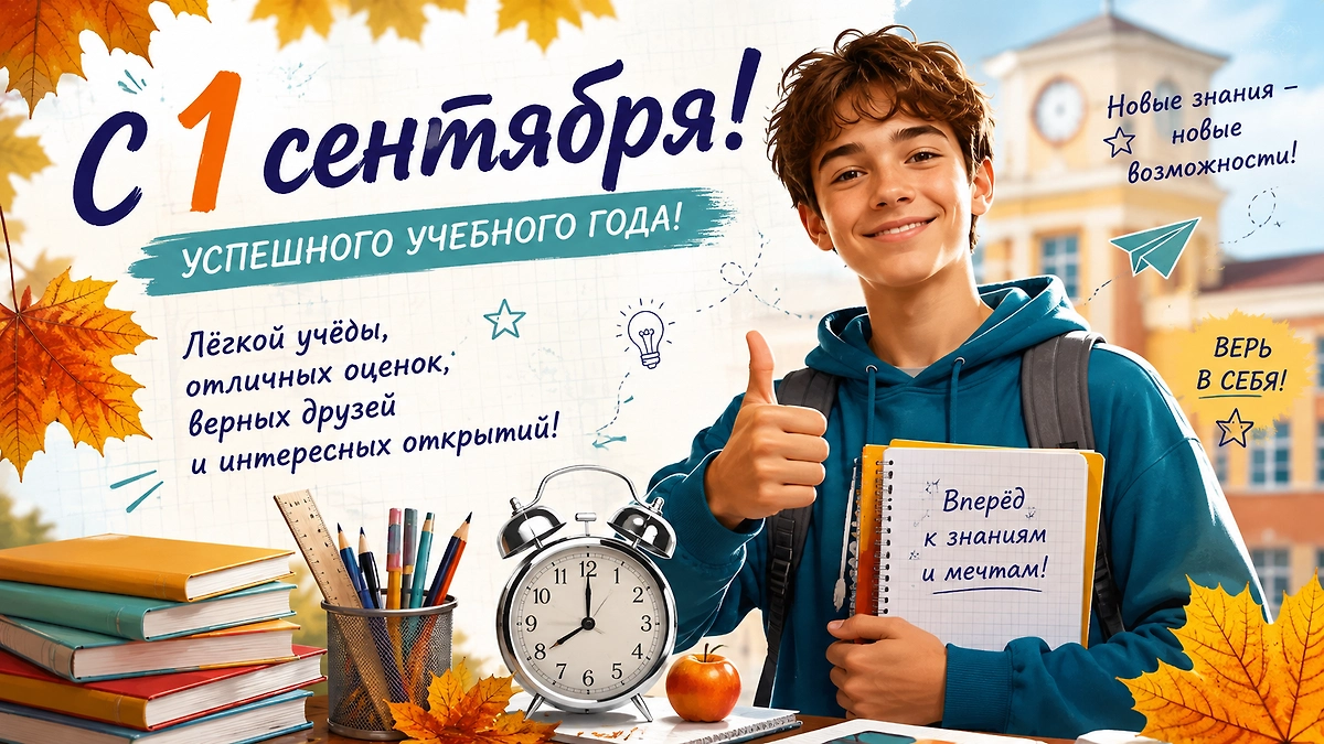 Открытка школьнику на 1 сентября с пожеланием новых знаний, возможностей и уверенности в себе.
