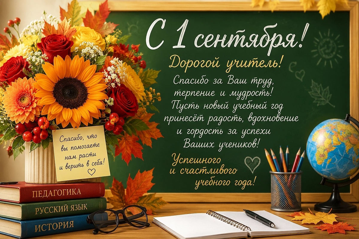 Открытка «С 1 сентября!» для учителя с осенним букетом, книгами и школьной доской.