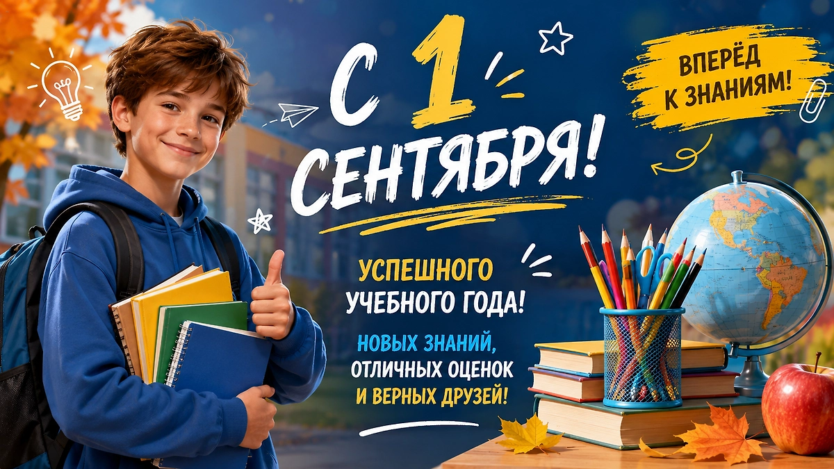 Современная открытка школьнику с 1 сентября с пожеланием новых знаний и верных друзей.