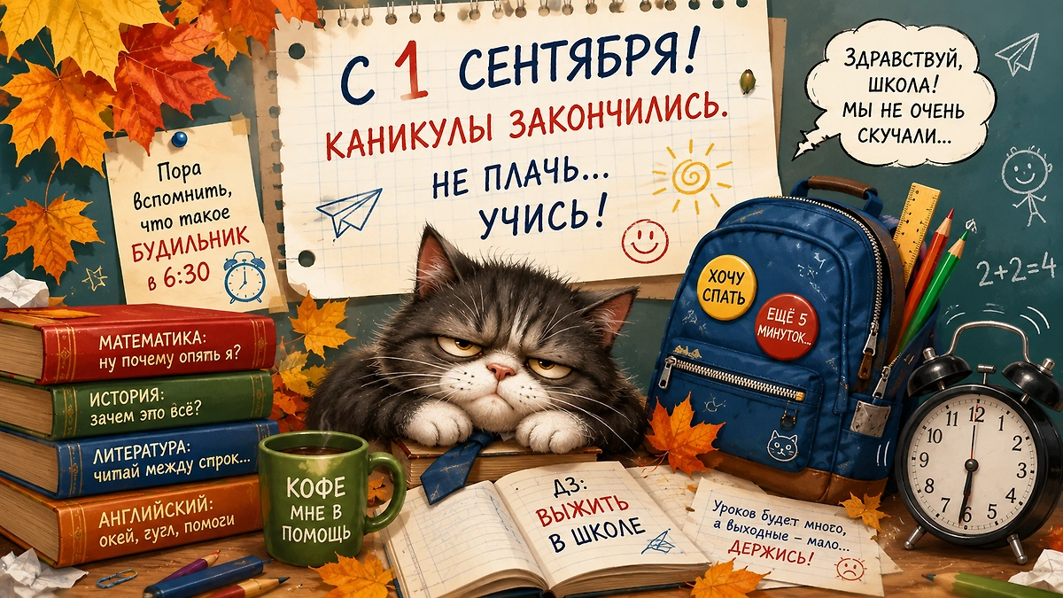 Прикольная открытка школьнику про будильник в 6:30, уроки и возвращение домашних заданий.