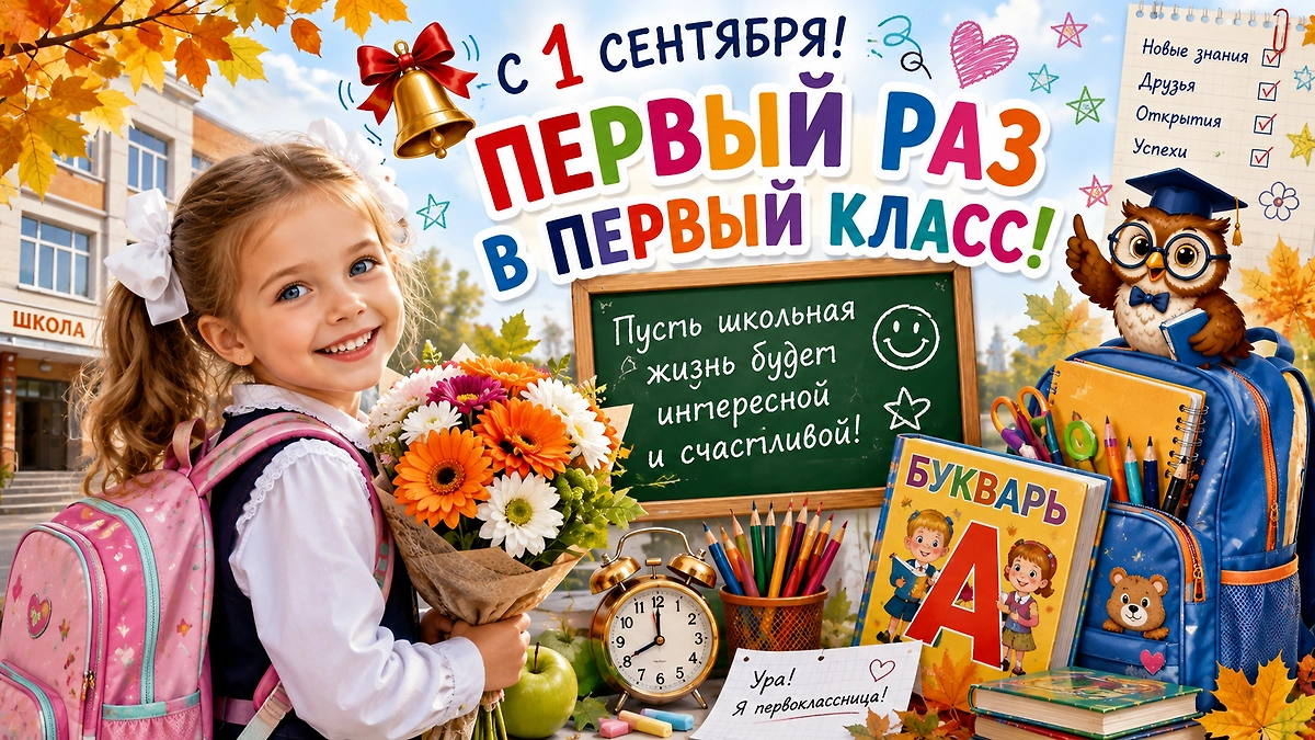 Открытка девочке-первокласснице с 1 сентября, цветами и пожеланием счастливой школьной жизни.