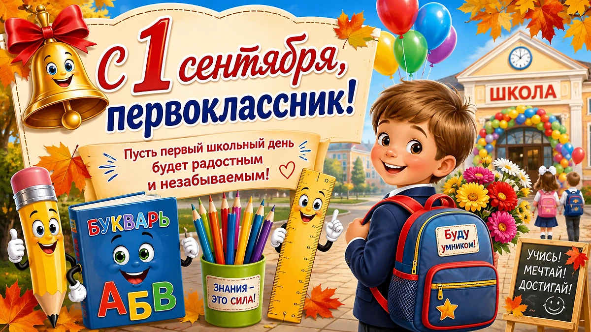 Весёлая открытка первокласснику с 1 сентября, ранцем, букварём и первым школьным звонком.