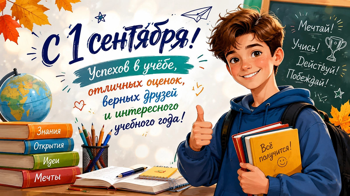 Открытка школьнику с 1 сентября с пожеланием успехов, верных друзей и интересного учебного года