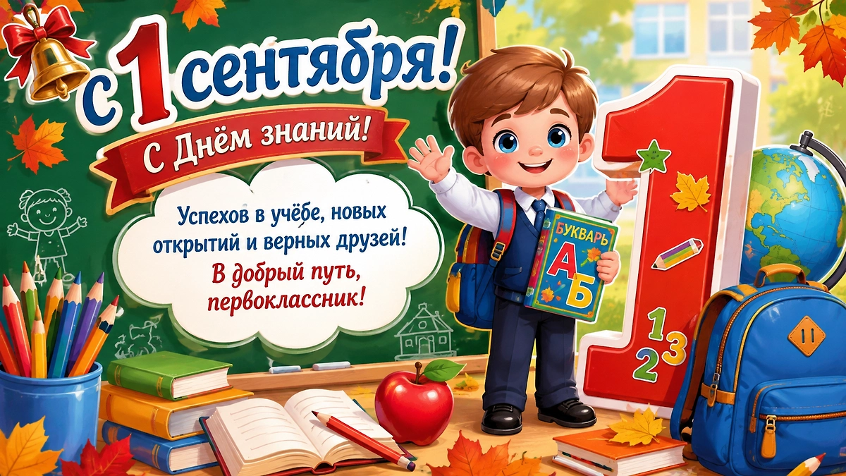 Открытка с Днём знаний первокласснику с букварём, ранцем и пожеланием успехов в учёбе. 