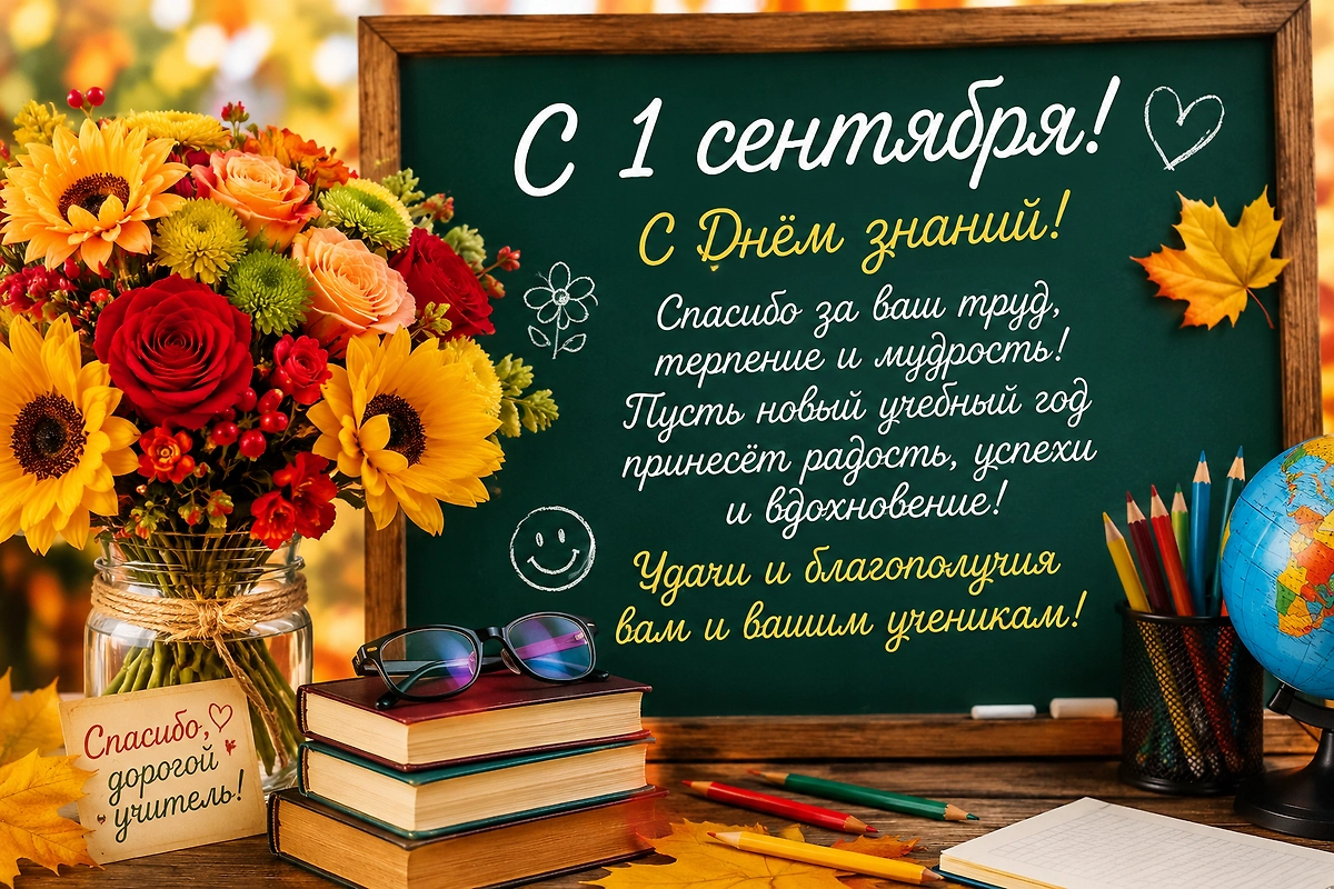 Открытка с Днём знаний учителю с цветами, книгами и пожеланиями удачи и вдохновения. 