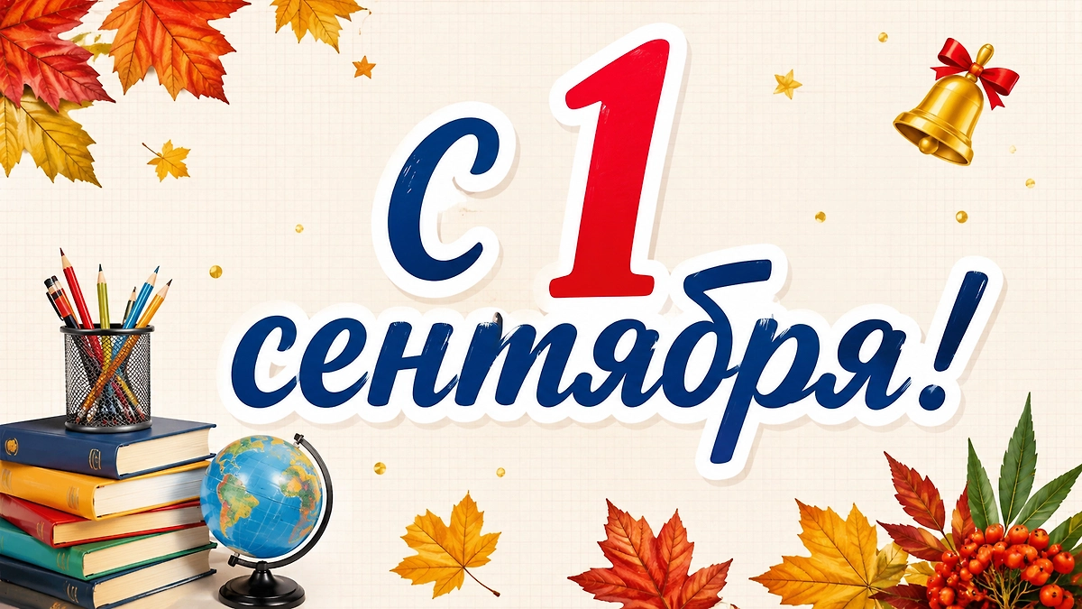 Минималистичная открытка с 1 сентября с глобусом, книгами и осенними листьями.
