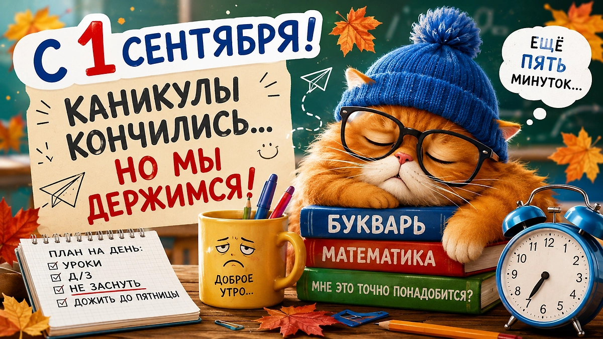Смешная открытка с сонным котом про начало учебного года и тяжёлое школьное утро.
