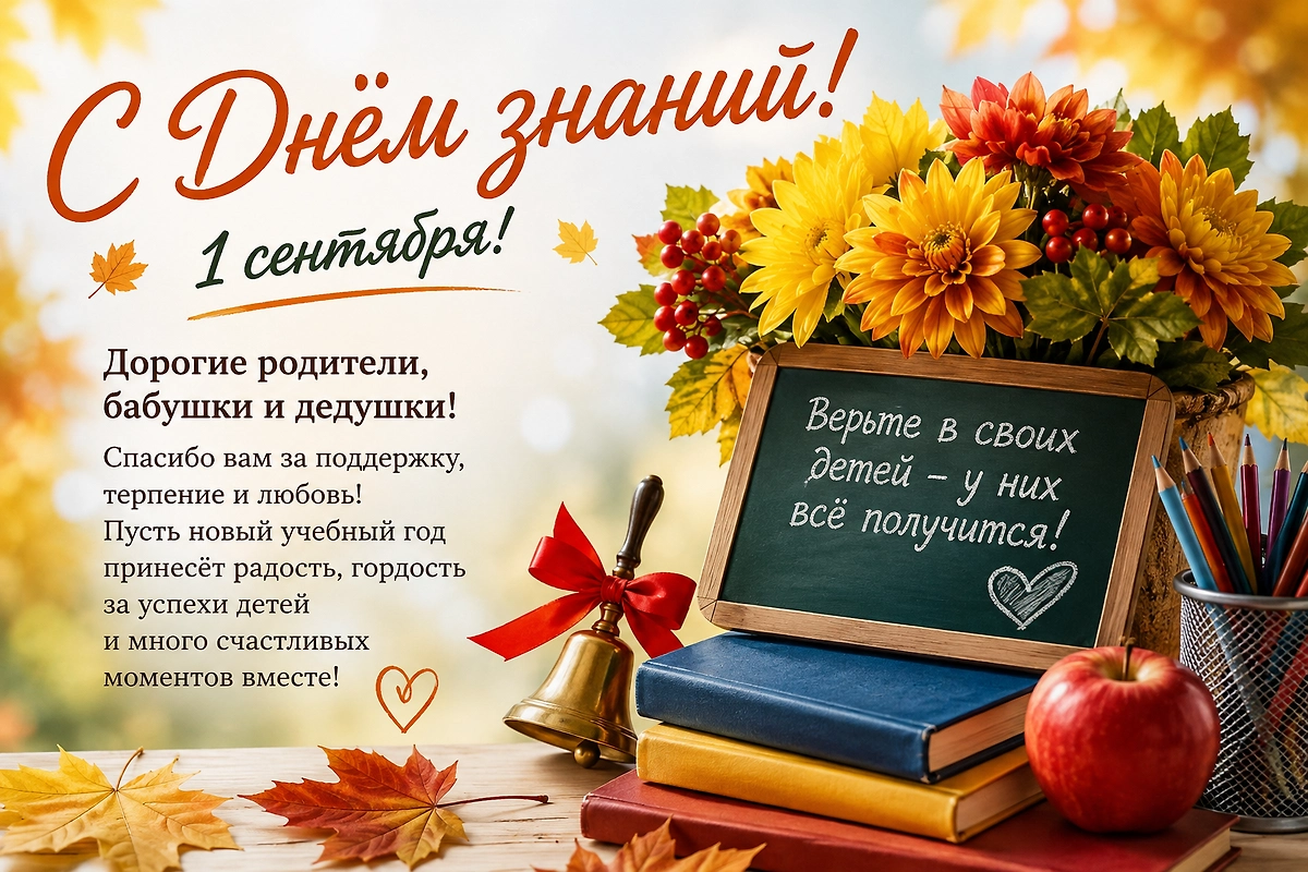 Открытка родителям школьника с благодарностью за поддержку и пожеланием счастливого учебного года.