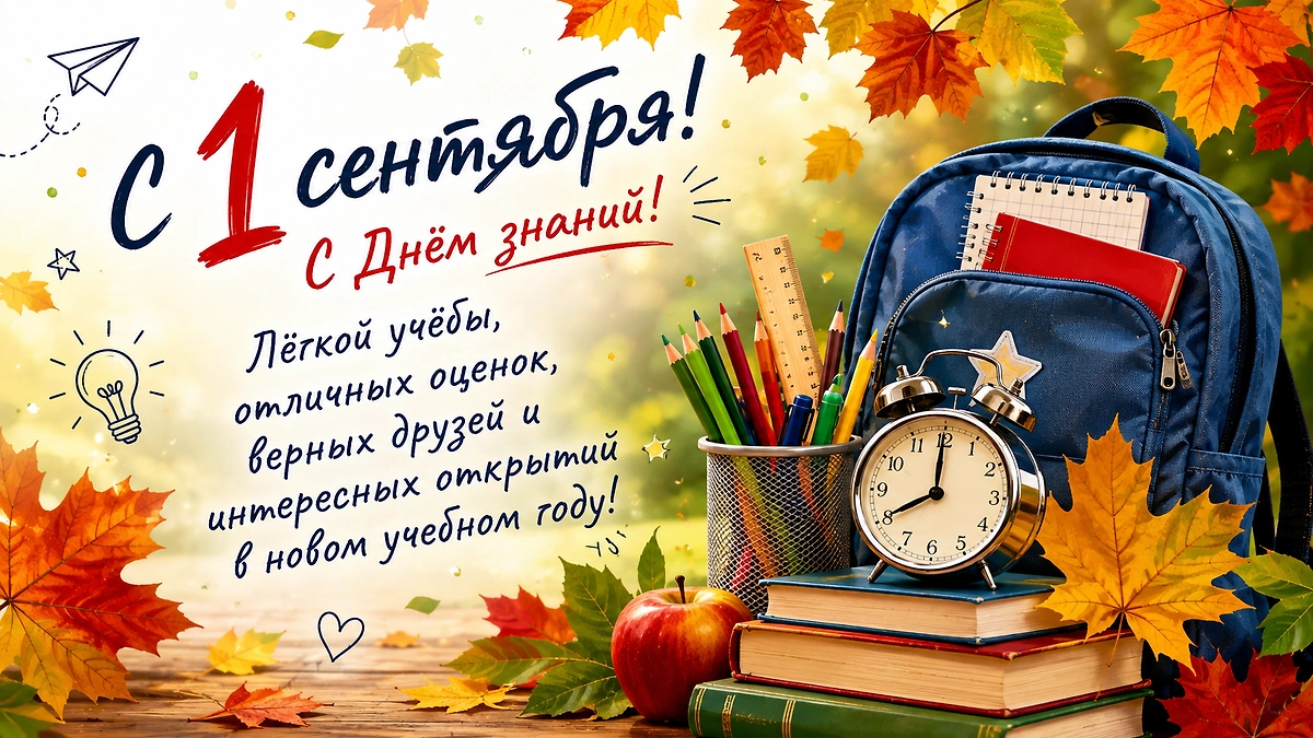 Открытка с Днём знаний с рюкзаком, книгами и пожеланием интересных открытий в новом учебном году.