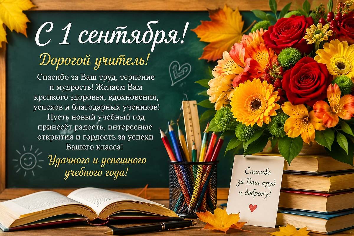 Открытка дорогому учителю с благодарностью и пожеланиями успешного учебного года.