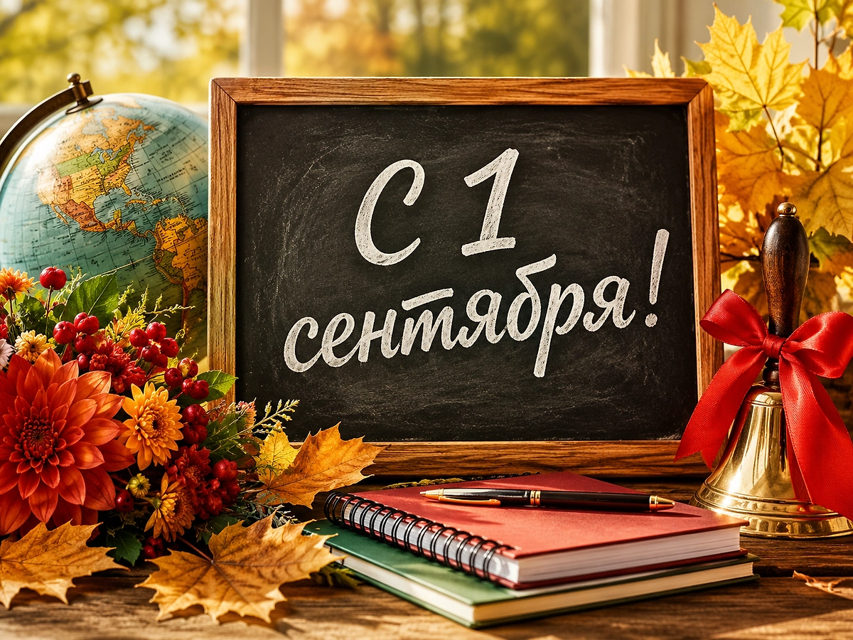 Открытка с 1 сентября со школьной доской, глобусом и праздничным звонком. 