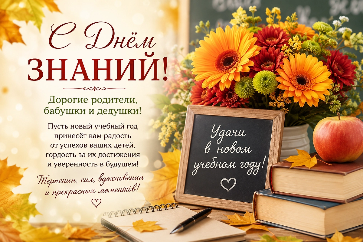 Открытка с Днём знаний для родителей, бабушек и дедушек с пожеланием терпения и радости за успехи детей. 