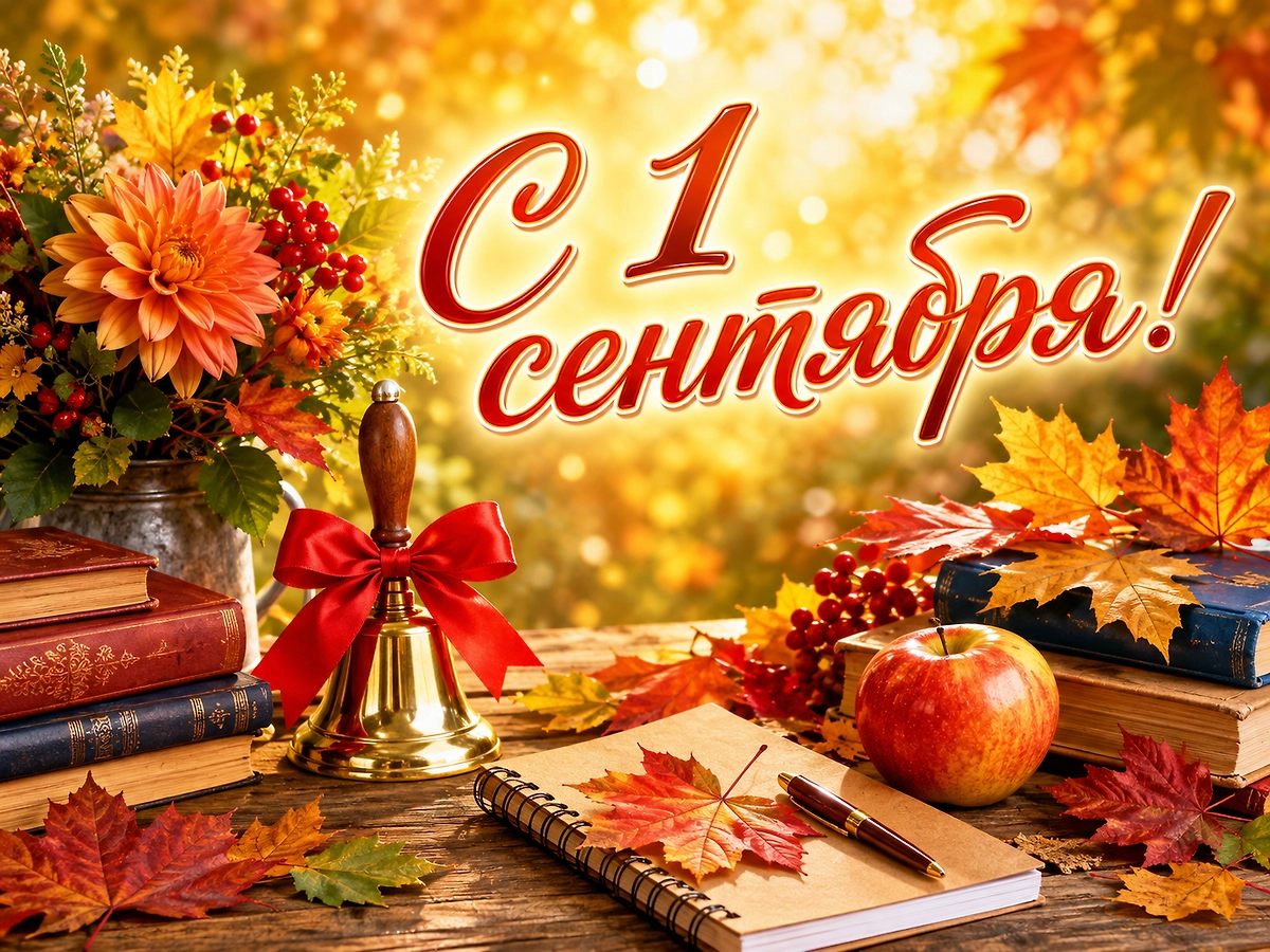 Праздничная открытка с 1 сентября с осенним букетом, яблоком и золотым звонком