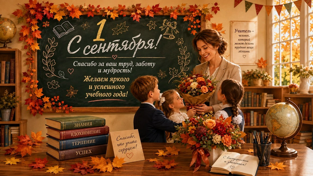 Открытка с благодарностью учителю за заботу, мудрость и знания.
