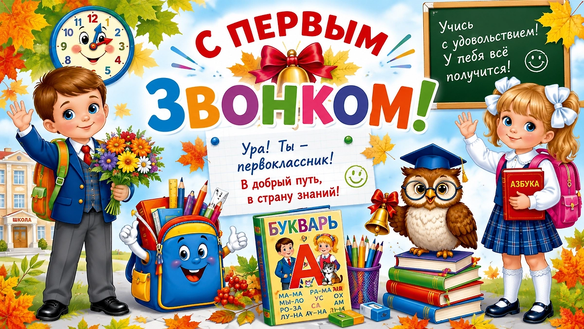 Открытка с первым звонком для первоклассника с школьниками, букварём и мудрой совой.