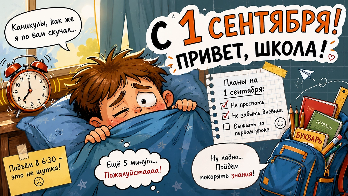 Прикольная открытка с 1 сентября про ранний подъём и прощание с летними каникулами. 