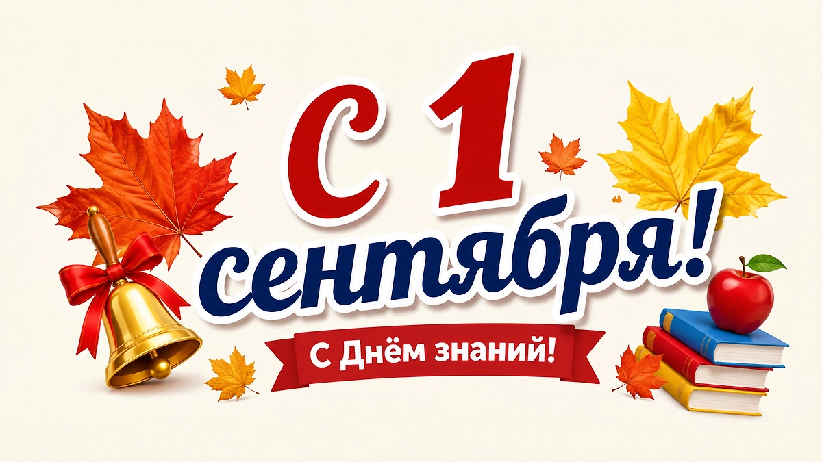 Яркая открытка с 1 сентября и Днём знаний с осенними листьями, звонком и школьными книгами.