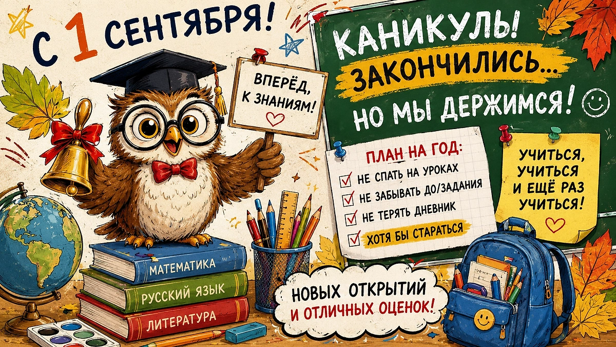 Весёлая открытка с 1 сентября с мудрой совой и шуточным планом пережить новый учебный год.