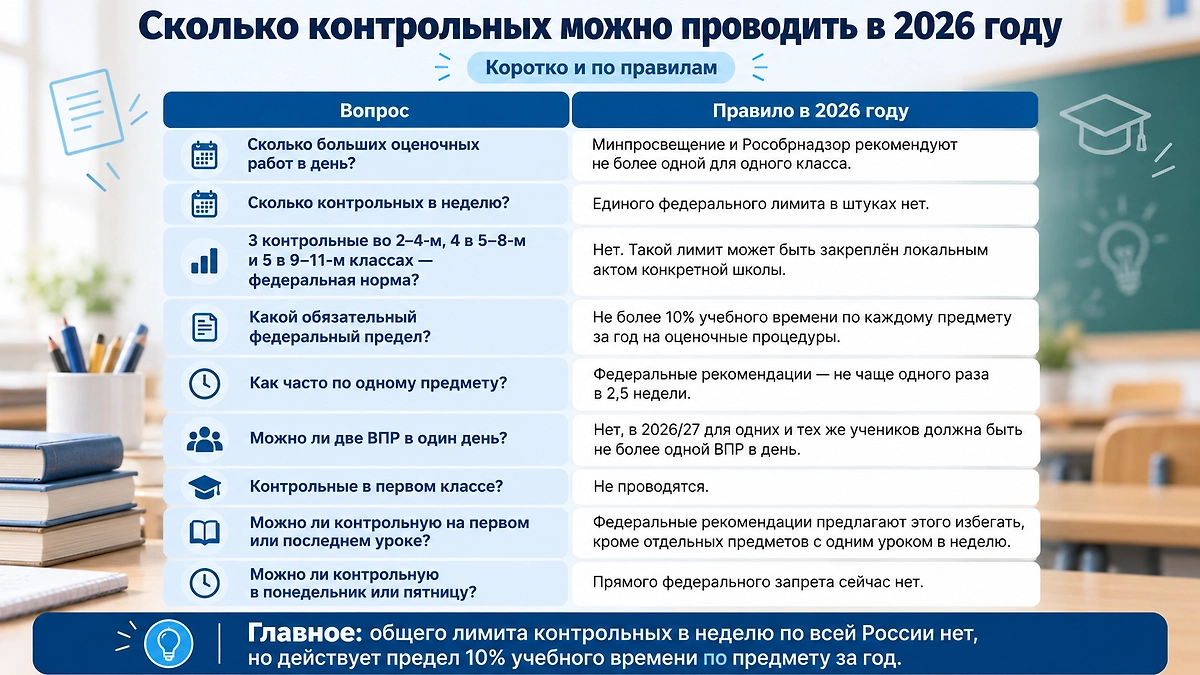 Сколько контрольных можно проводить в школе в 2026 году: одна большая работа в день — рекомендация, а обязательный предел составляет не более 10% учебного времени по каждому предмету за год. Инфографика © Life.ru